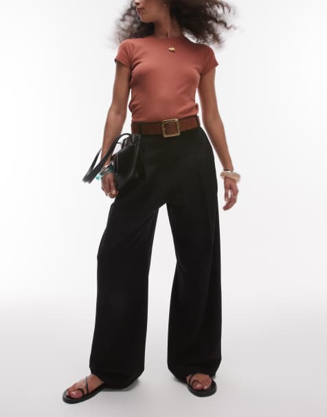 Topshop premium double pleat straight leg tailored trouser in black