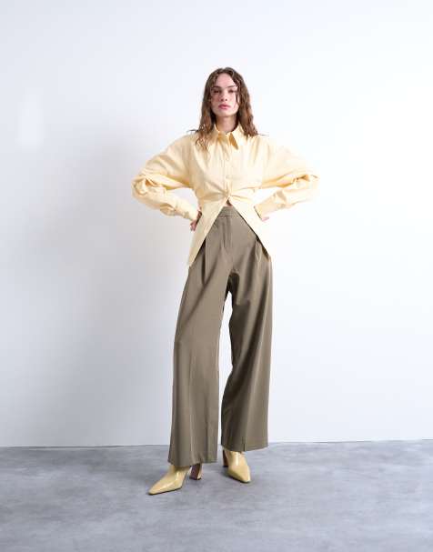 Topshop premium double pleat straight leg tailored trouser in khaki