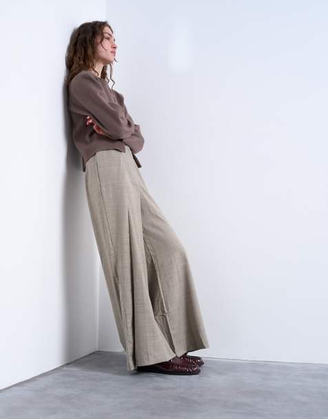 Topshop premium wrap around extreme wide leg tailored trousers in stone - STONE