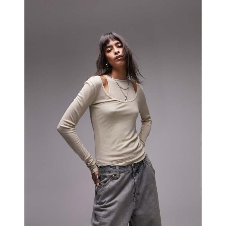 Topshop premium double layer racer sheer long sleeve top in stone