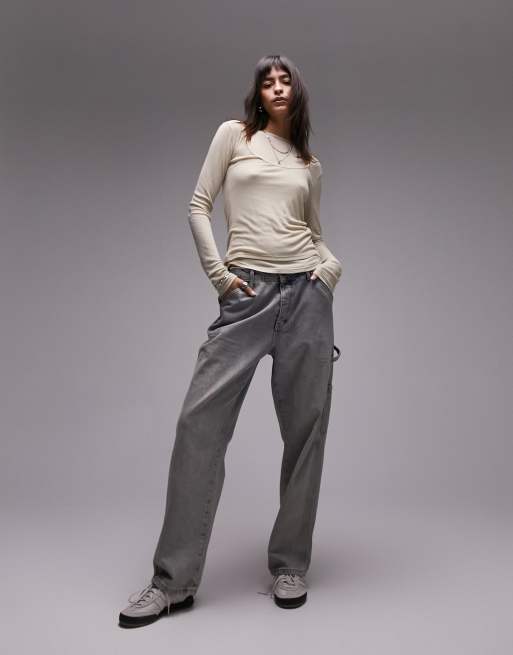 Topshop premium double layer racer sheer long sleeve top in stone