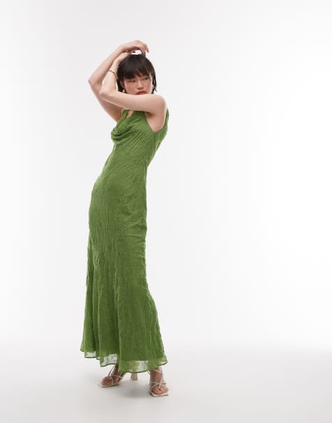 Topshop premium double-layered cowl slip dress with beading and broderie in green - view 1
