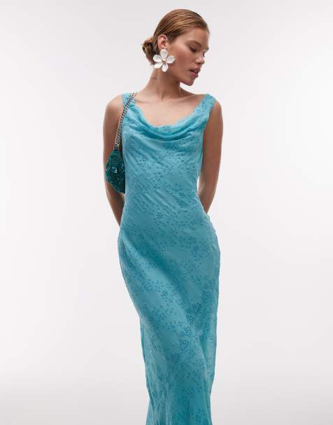 Topshop premium double layered cowl slip dress with beading and broderie in teal - view 1