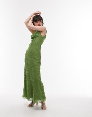Topshop Premium Double Layered Cowl Slip Dress With Beading And Eyelet In Green