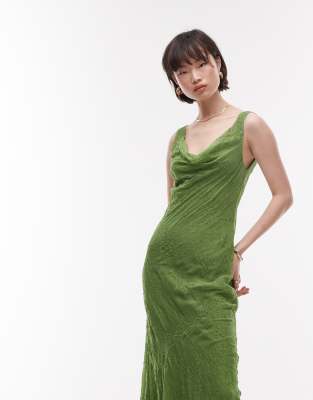 Topshop premium double layered cowl slip dress with beading and eyelet in green
