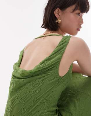 Topshop premium double layered cowl slip dress with beading and eyelet in green