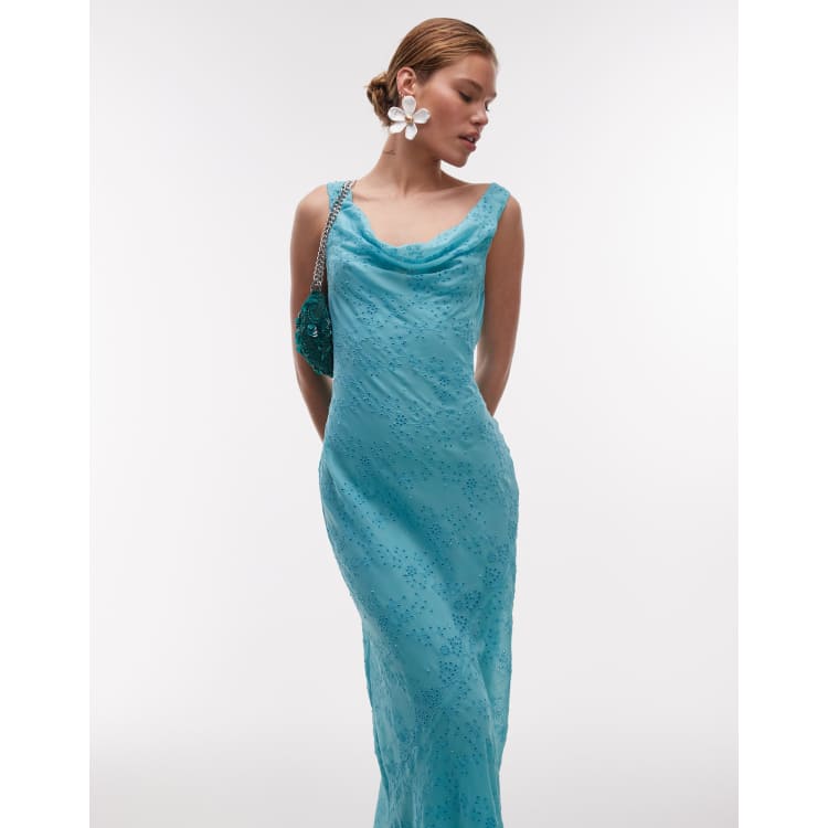 Topshop premium double layered cowl slip with beading and broderie in teal  | ASOS