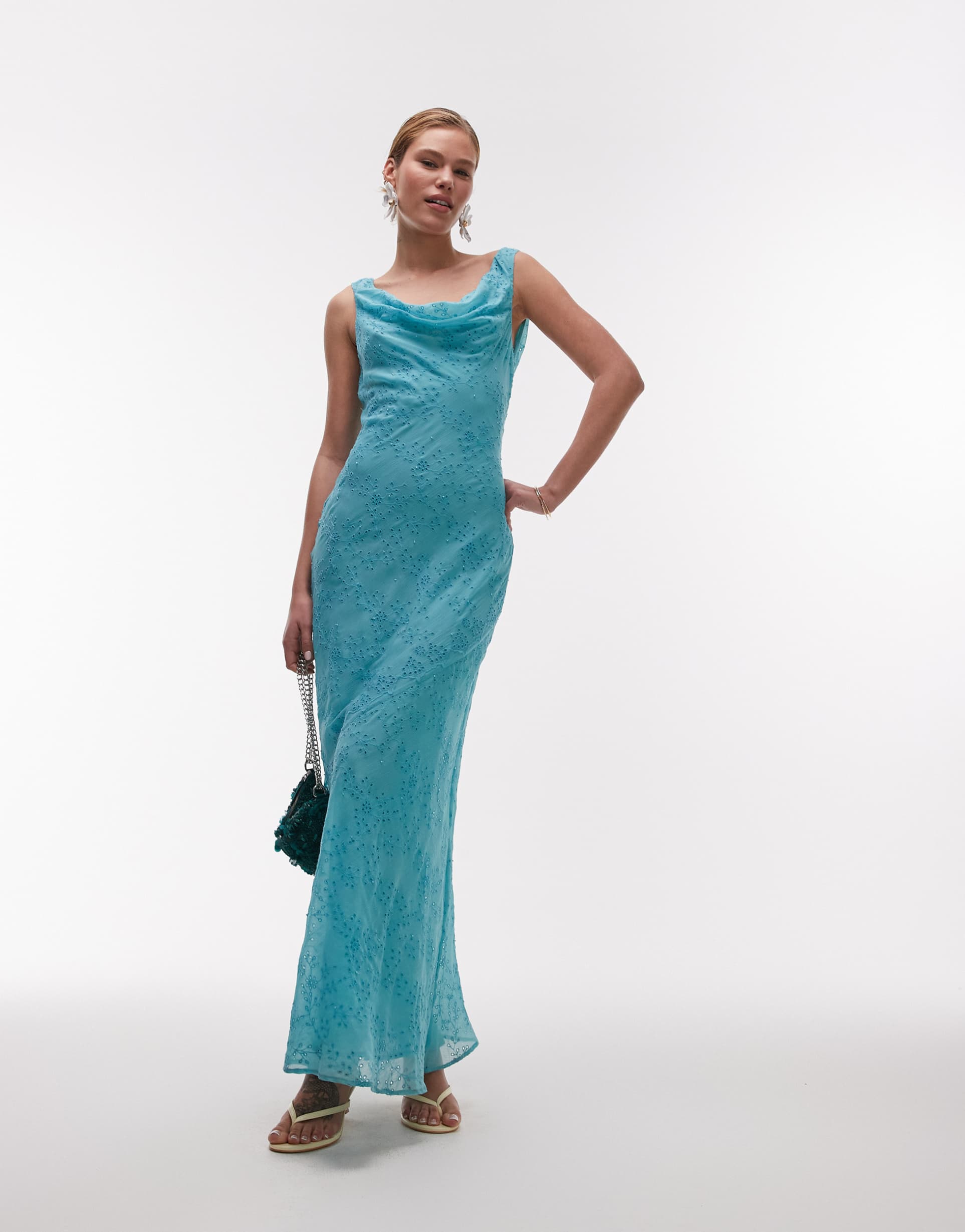 topshop premium double layered cowl slip with beading and broderie in teal