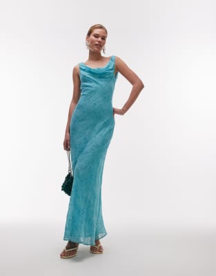 Topshop – Doppellagiges Trägerkleid aus hochwertigem Material in Blaugrün mit Wasserfallausschnitt, Lochmuster und Zierperlen