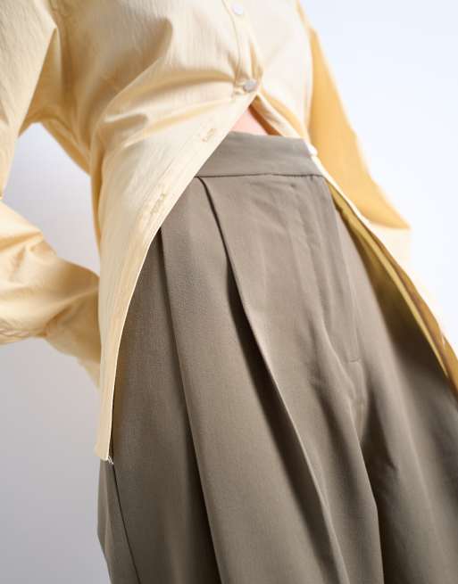 Topshop premium double pleat straight leg tailored pants in khaki, 5 of 5