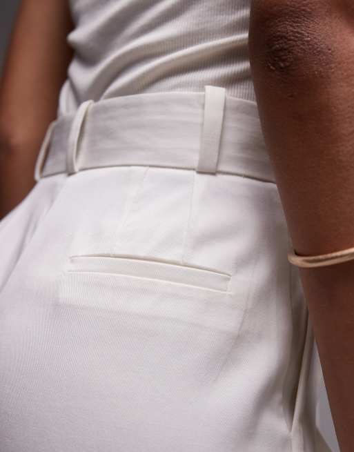Topshop premium double pleat straight leg tailored pants in white, 2 of 5