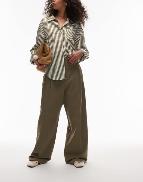 Topshop premium double pleat straight leg tailored trouser in khaki - view 1