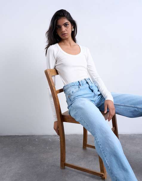 Topshop - Premium - Ecrufarvet ribstrikket top med dyb rund hals og lange ærmer - view 1