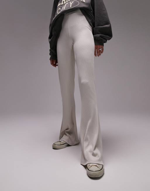 Topshop Ribbed Flared Pants in Gray