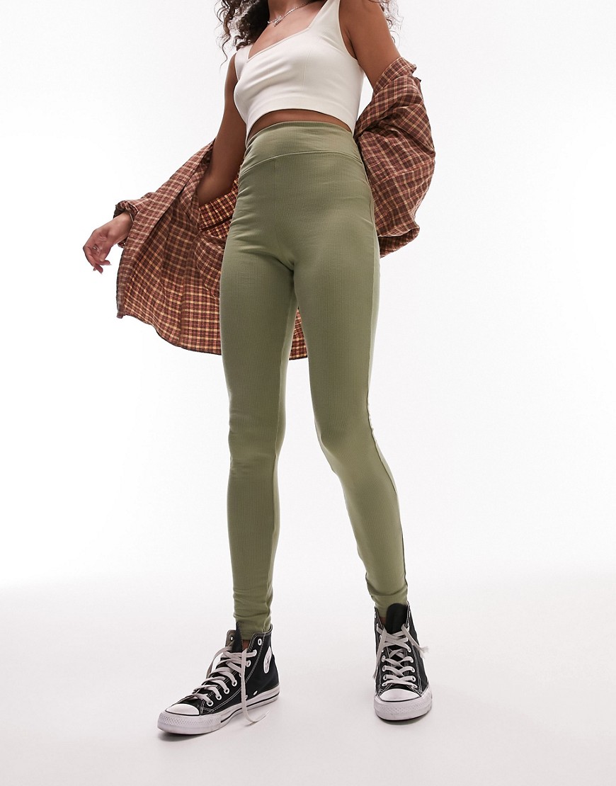 Topshop Premium Edit ribbed sporty leggings in khaki-Green