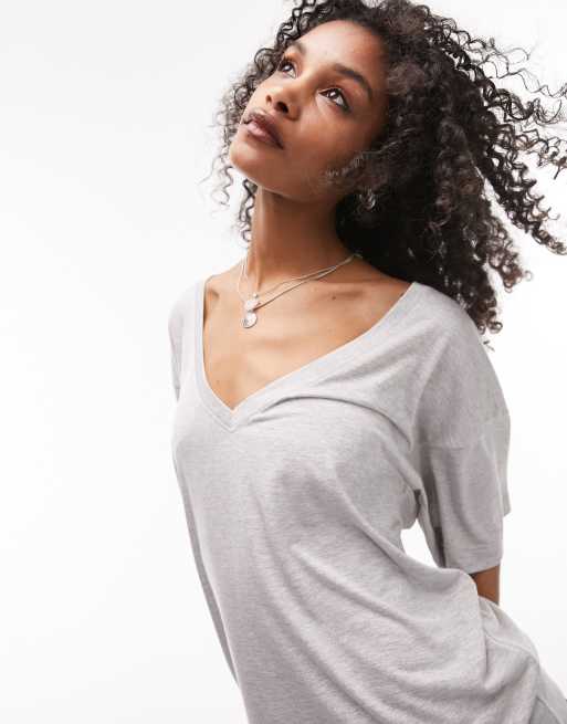 Topshop - Premium - Eenvoudig ruimvallend T-shirt met V-hals in gemêleerd grijs