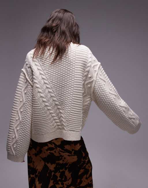 Topshop - Premium - Elfenbensfarvet oversized kabelstrikket trøje i 100% uld, 3 af 4