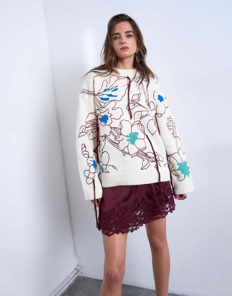 Topshop - Premium - Elfenbenshvid strikket oversized trøje med broderier - view 1