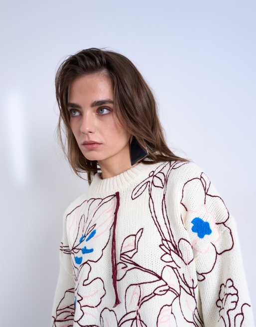 Topshop - Premium - Elfenbenshvid strikket oversized trøje med broderier, 3 af 4
