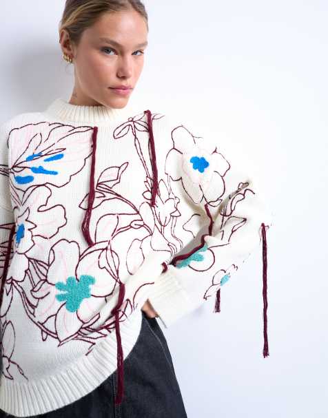 Topshop – Premium – Elfenbensvit, stickad tröja i oversize med broderi - view 1