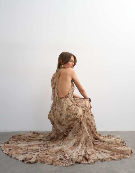 Topshop premium embellished high neck open back maxi dress in natural abstract animal print - view 1