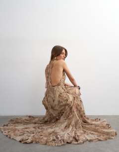 Premium embellished high neck open back maxi dress in natural abstract animal print