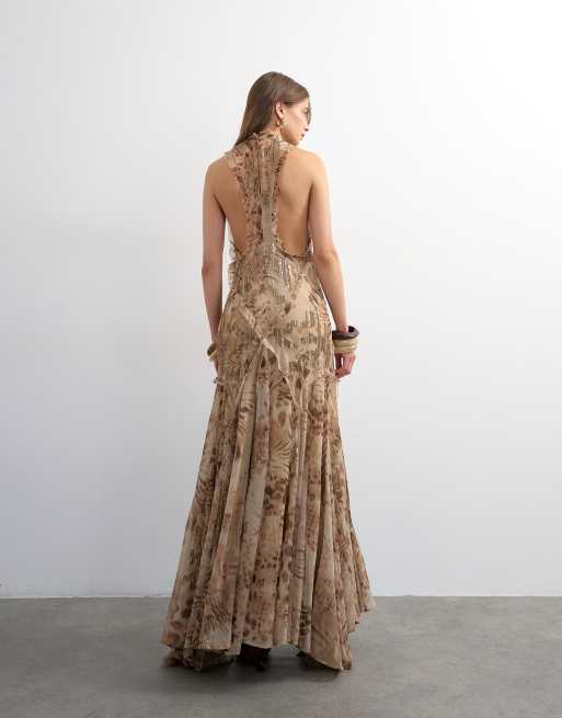 Topshop premium embellished high neck open back maxi dress in natural abstract animal print, 4 of 4