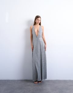 Model wearing Premium embellished low cut maxi dress with open back in silver
