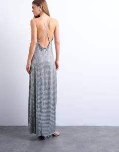 Model wearing Premium embellished low cut maxi dress with open back in silver