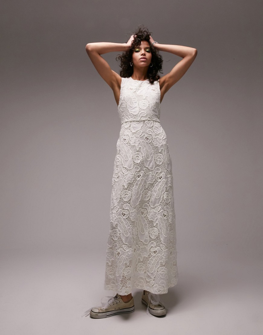 Topshop premium embroidered cut out back maxi dress in ivory-White