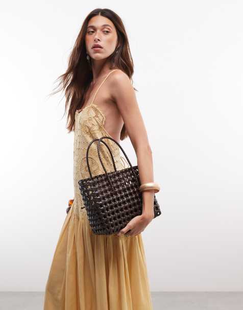 Topshop premium embroidered dropped waist maxi sundress in ochre - view 1