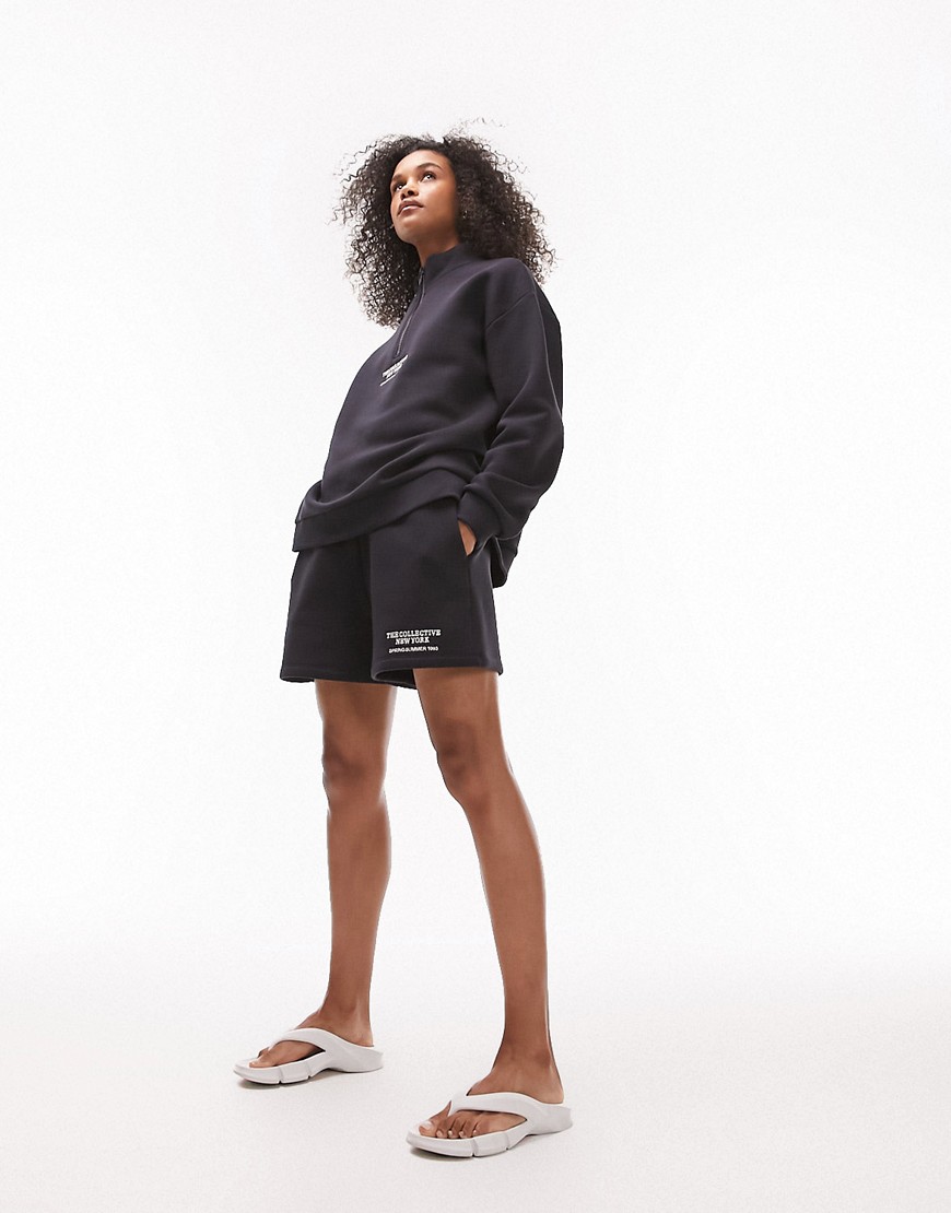 Topshop Premium Embroidery The Collective New York Sweat Short In Navy - Part Of A Set-blue