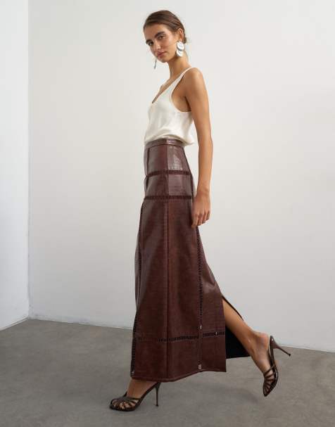 Topshop premium falda maxi de cuero sintético con detalles calados en chocolate - view 1
