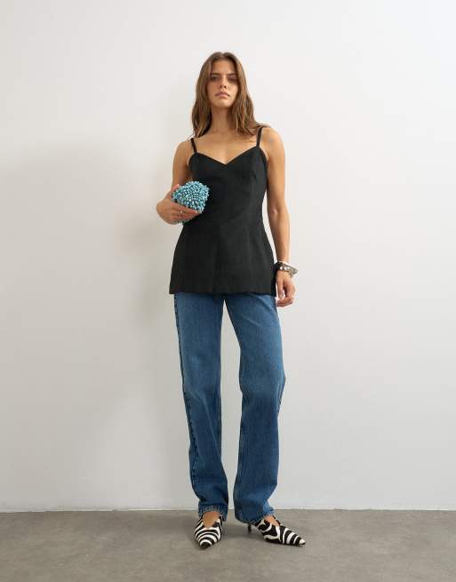 Topshop premium faux brushed pony structured peplum cami in black, 2 of 4