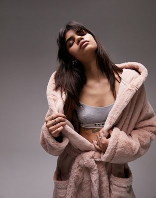 Topshop premium faux fur robe in soft pink