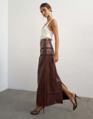 Topshop Premium Faux Leather Cutwork Detail Column Maxi Skirt In Multi