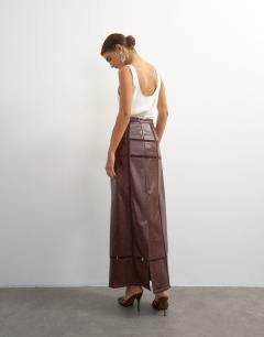 Model wearing Premium faux leather cutwork detail column maxi skirt in chocolate