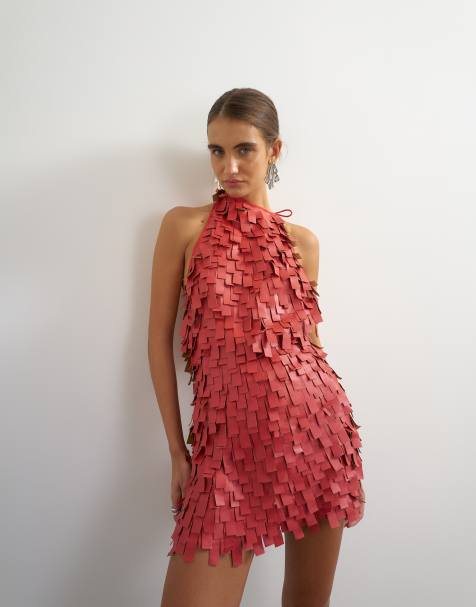 Topshop premium faux leather fringed mini dress in red - view 1