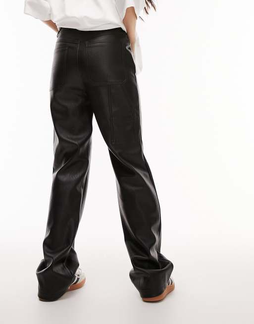 Topshop Petite faux leather straight trousers in black