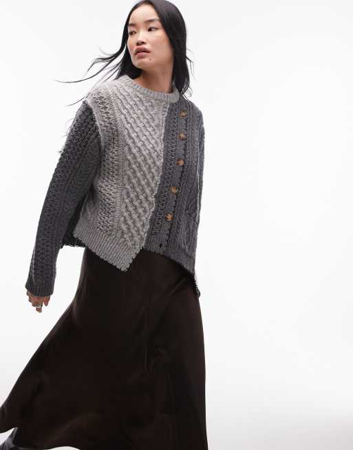 Topshop – Premium – Flerfärgad, asymmetrisk och flätstickad kofta i 100% bomull