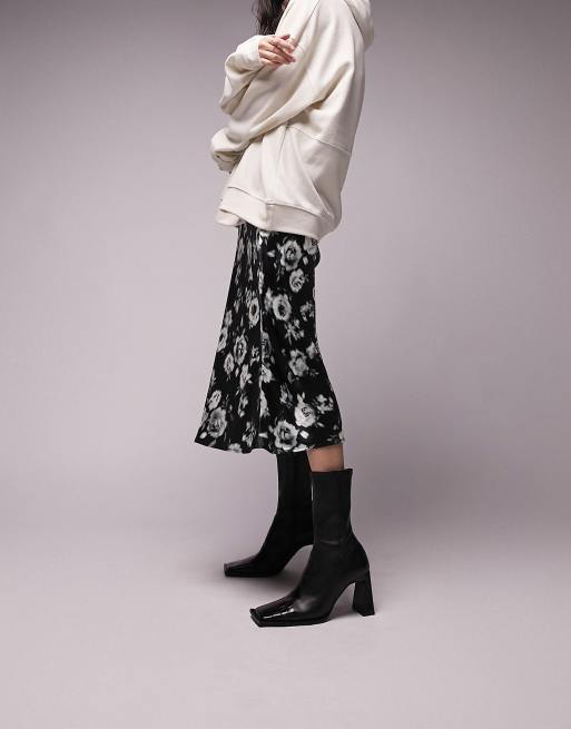 Topshop premium floral bias mdii skirt in black and white  