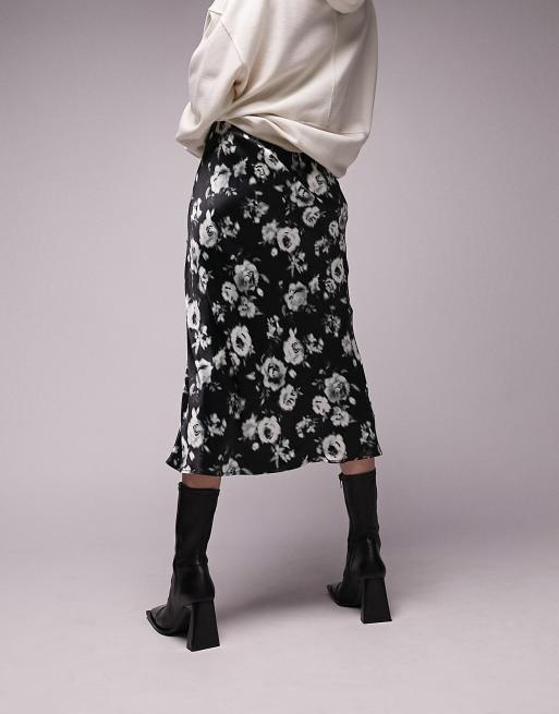 Topshop premium floral bias midi skirt in black and white ASOS