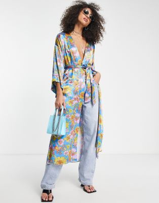 Topshop premium floral midi kimono dress in blue | ASOS