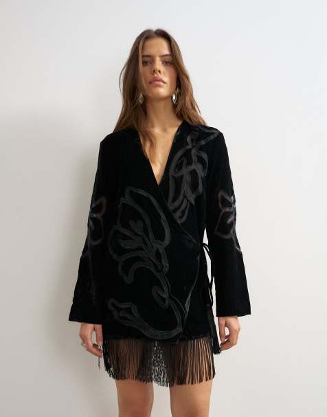 Topshop premium fluwelen transparante mini-jurk met geborduurde details, bedjasje en franjerand in zwart - view 1