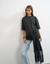 Topshop premium fringe tie detail tee in black