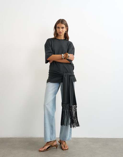 Topshop premium fringe tie detail tee in black, 2 of 4
