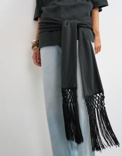 Model wearing Premium fringe tie detail tee in black