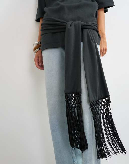 Topshop premium fringe tie detail tee in black, 3 of 4