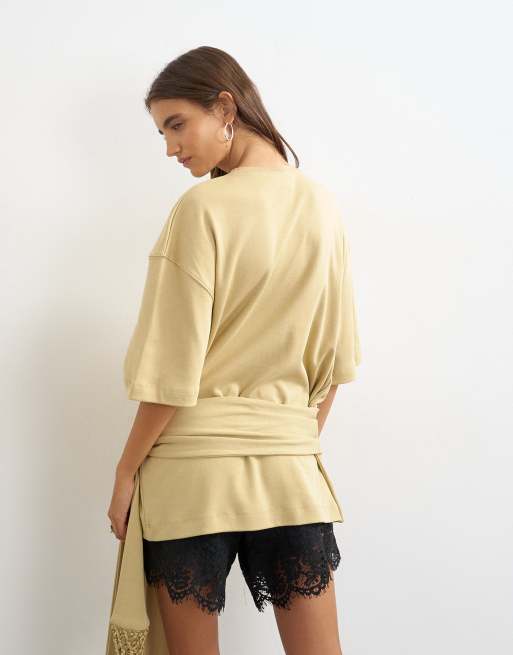 Topshop premium fringe tie detail tee in stone, 2 of 4