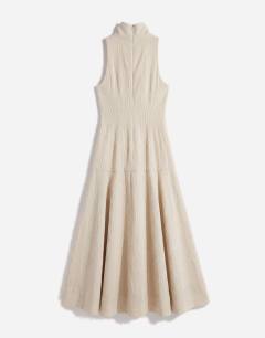Model wearing Premium funnel neck dropped waist maxi dress in natural woven stripe